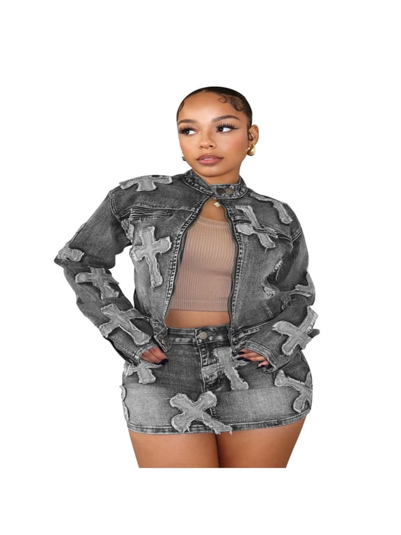 Women's Denim 2-Piece Set Y2K Long Sleeve Zipper Jacket & Mini Skirt Outfit S-2XL