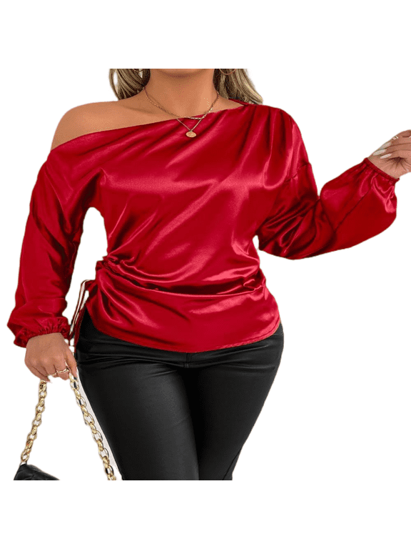 Women's Elegant Off Shoulder Blouse Satin Long Sleeve Drawstring Hem Comfort Fit Chic Attire