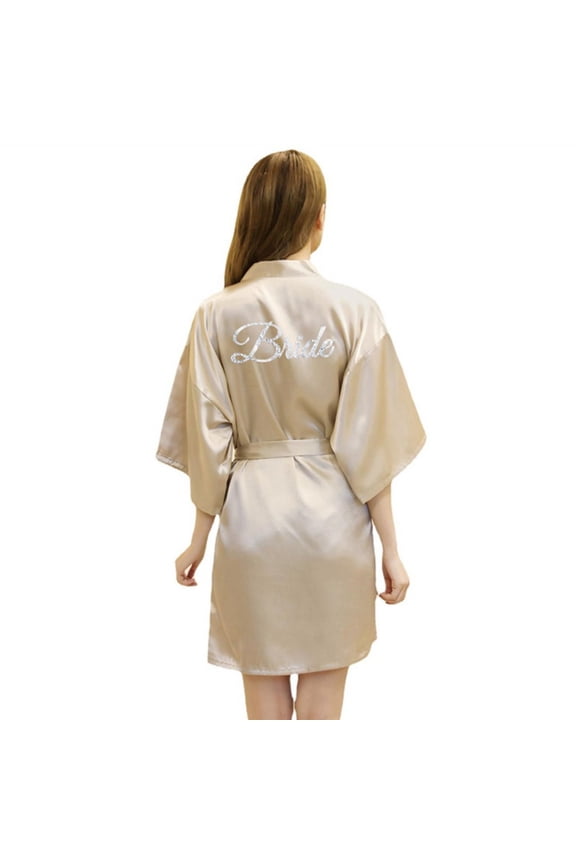 Women's Fashion Kimono Robe‌ Short Satin Rhinestones Bridal Party Bathrobe Sleepwear S-2XL