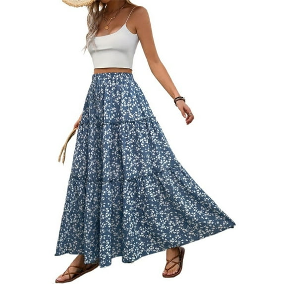 LYMAYTER Women's Floral Maxi Skirts Boho Beach Casual Vacation Print Long Skirt for S-XL