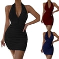 thumbnail image 1 of LYMAYTER ‌Women's Halter Bodycon Mini Dress V-Neck Backless Ruched Detail Dresses S-XL, 1 of 10