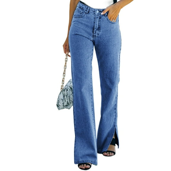 LYMAYTER Women's Jeans Pants Women's Mid-Waist Washed Trousers Spring Fall Denim Wide Leg Pants S-2XL