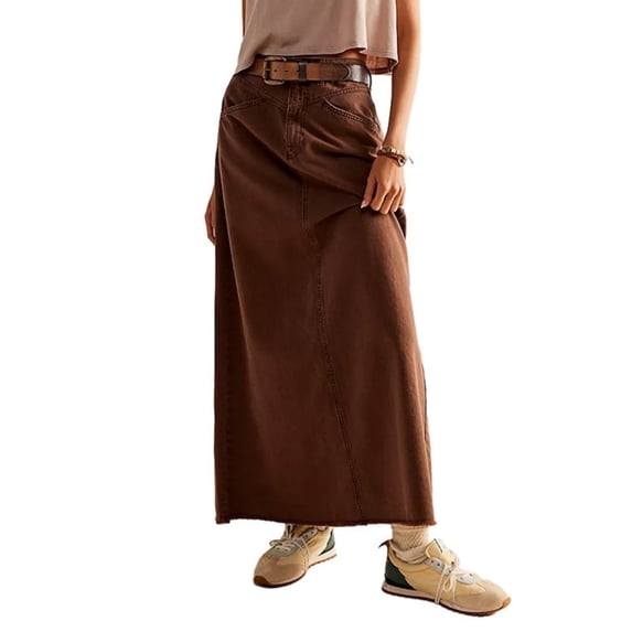 LYMAYTER Women's Loose Denim Maxi Skirt Straight Leg Summer Beach Casual Comfort Vintage Washed