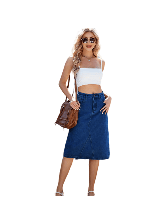 Women's Mid-Length Washed Denim Skirt Stretch Vintage Denim Skirt Casual Half-Body Skirt S-2XL