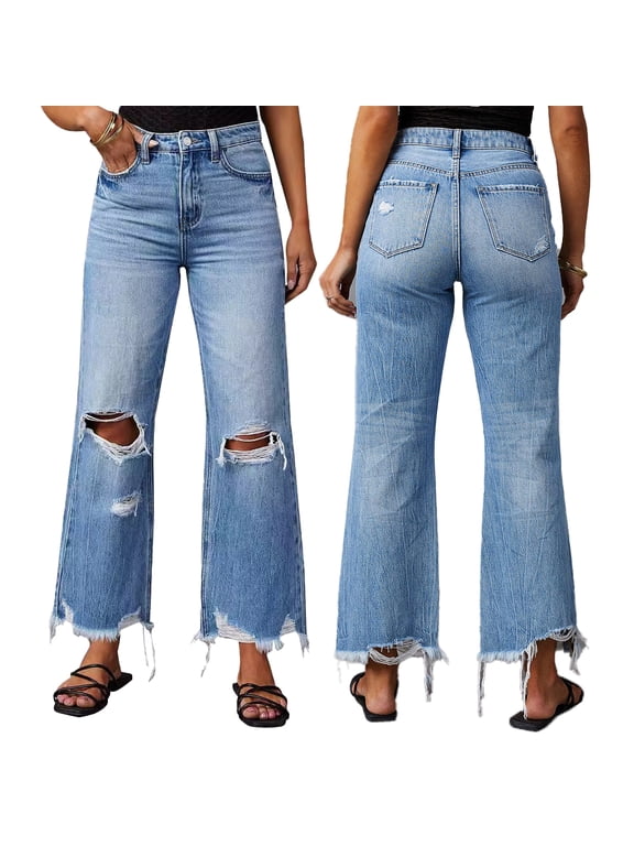 Women's Ripped Wide Leg Jeans High Waisted Distressed Casual Jeans S-3XL