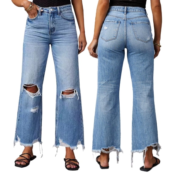 LYMAYTER Women's Ripped Wide Leg Jeans High Waisted Distressed Casual Jeans S-3XL