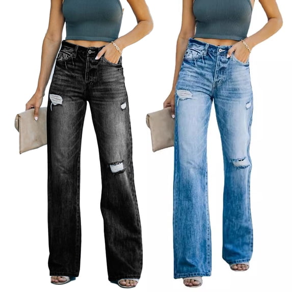 LYMAYTER Women's Ripped Wide Leg Jeans Washed Distressed High Waist Stretch Comfort Jeans S-2XL
