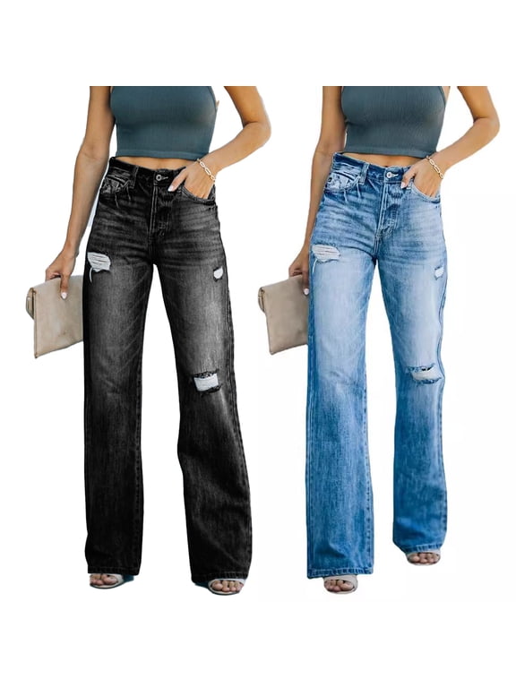 Women's Ripped Wide Leg Jeans Washed Distressed High Waist Stretch Comfort Jeans S-2XL