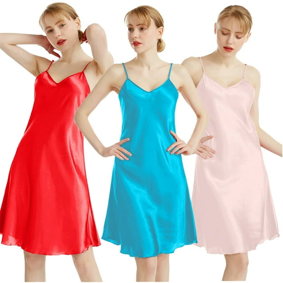 LYMAYTER Women's Satin Lingerie Mini Spaghetti Strap Dress Silk Satin Nightgowns M-4XL