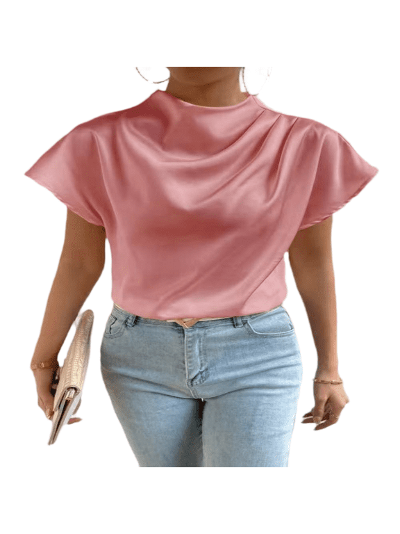  Women's Silk High Neck Ruched Shirt Summer Short Sleeve Elegant Tops S-2XL