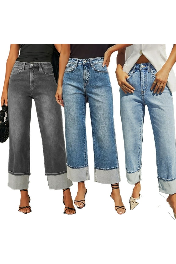 Women's ‌Straight Leg Denim Pants High Waisted Rolled Hem Stretchy Jeans Casual Comfy