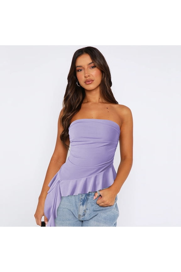  Women's Strapless Tops Ruffled Asymmetrical Hem Tube Top Ruched Bandeau Cami Tank Summer