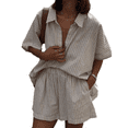 thumbnail image 1 of LYMAYTER Women's Summer 2 Piece Retro Striped Button-Down Shirt & Relaxed Fit Shorts S-XL, 1 of 8