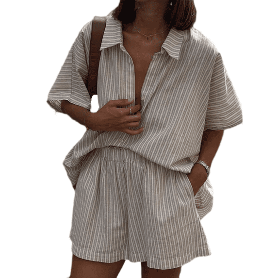 LYMAYTER Women's Summer 2 Piece Retro Striped Button-Down Shirt & Relaxed Fit Shorts S-XL