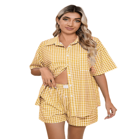 LYMAYTER Women's Two-Piece Pajama Set Short Sleeves Top Shorts V Neck Button-Up Checkered Set