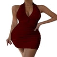 thumbnail image 1 of LYMAYTER ‌Women's V-Neck Bodycon Mini Dress Ruched Halter Backless Dress Club Cocktail Going Out, 1 of 10