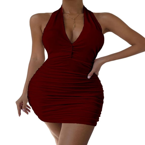 LYMAYTER Women's V-Neck Bodycon Mini Dress Ruched Halter Backless Dress Club Cocktail Going Out