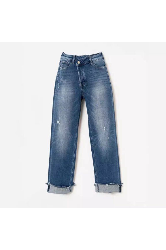 Women's Washed Jeans High Waist Straight Jeans Rolled Hem Casual Pants for S-XL