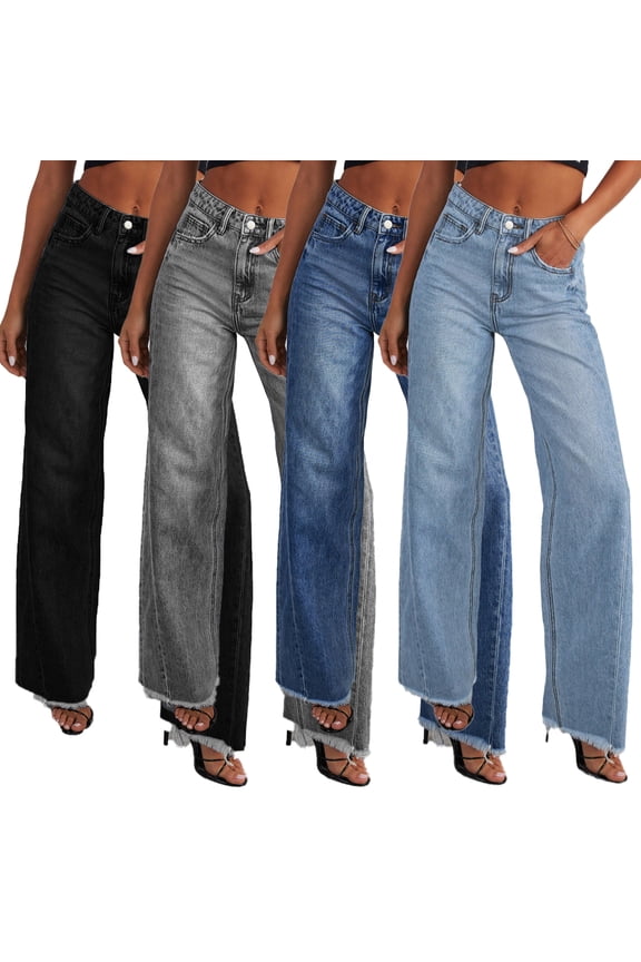 Women's Wide Leg Jeans Baggy High Rise Stretchy Denim Pants Washed Retro Jeans S-2XL
