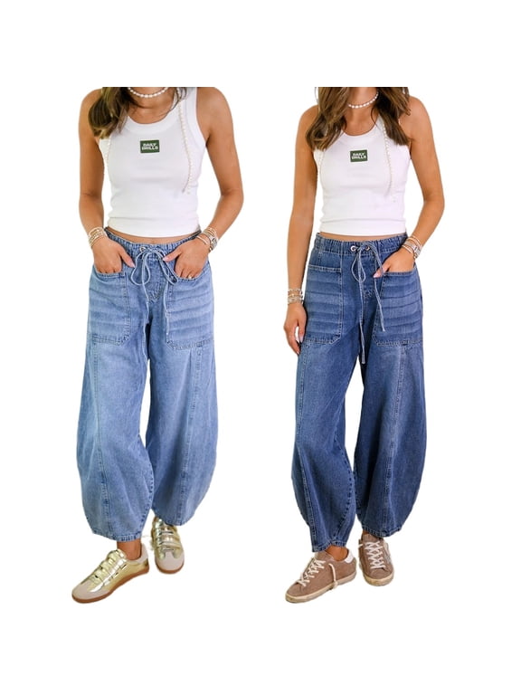 Womens Barrel Jeans Baggy Boyfriend Denim Pants Elastic Waist Casual Crop Denim with Drawstring