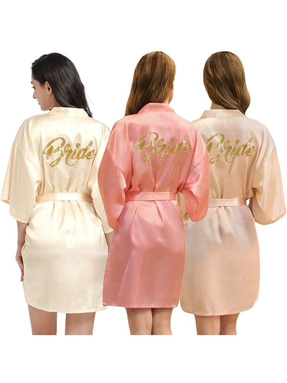 Womens Cardigan Nightdress Stamping Letters Short Bathrobes Bridesmaid Bride Party Satin Robes S-2XL
