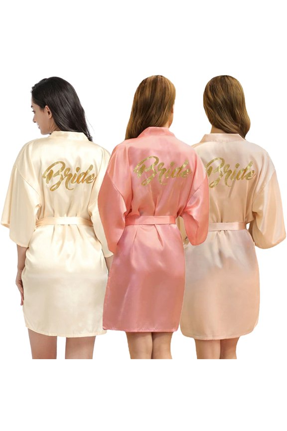 Womens Cardigan Nightdress Stamping Letters Short Bathrobes Bridesmaid Bride Party Satin Robes S-2XL
