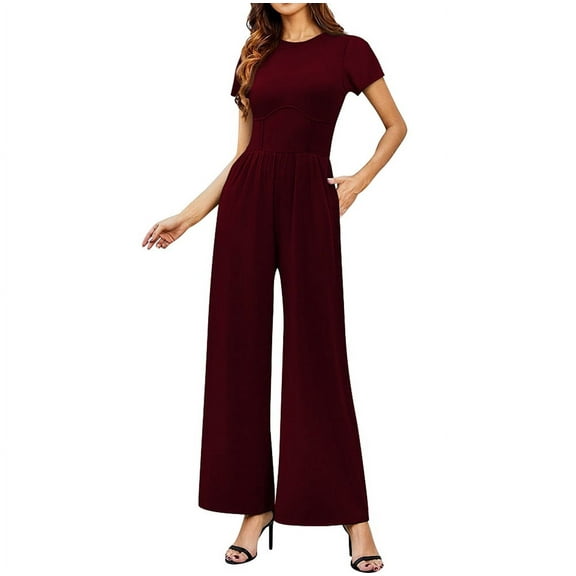 LYMAYTER Womens Crewneck Jumpsuits Summer Solid Color Soft Bodysuit Pants Female Short Sleeve Casual Rompers S-2XL