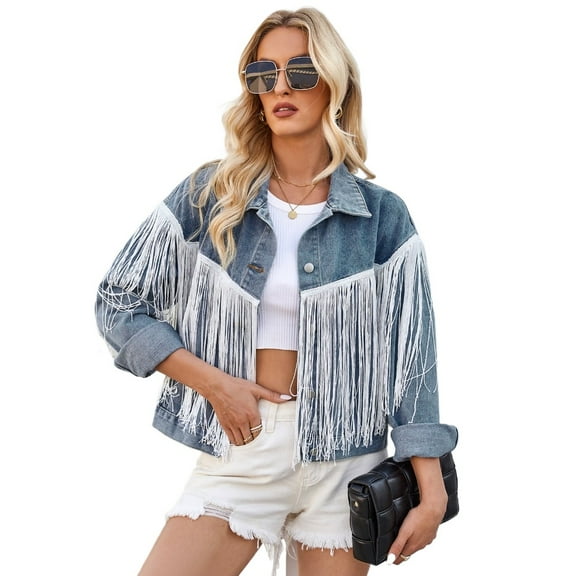 LYMAYTER Womens Denim Jacket Fall Fringe Washed Cowboy Outwear Female Lapel Long Sleeve Jeans Jacket S-XL