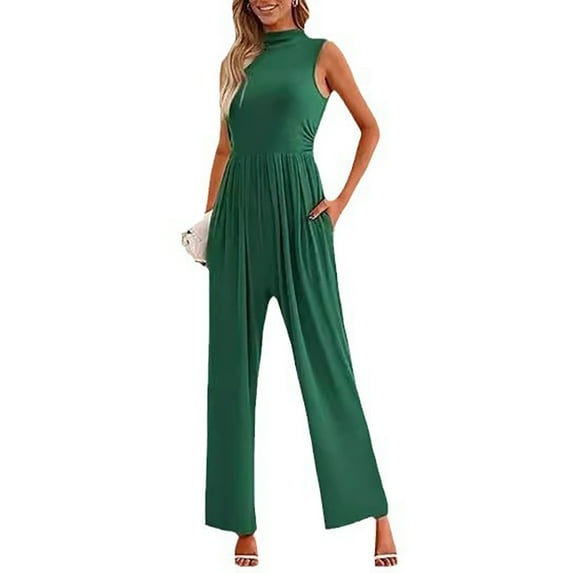LYMAYTER Womens High Neck Onesies Summer Sleeveless Wide Leg Rompers Female Solid Color Onesies S-2XL