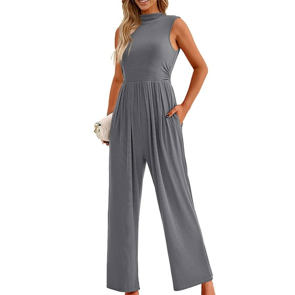 LYMAYTER Womens High Neck Onesies Summer Sleeveless Wide Leg Rompers Female Solid Color Onesies S-2XL