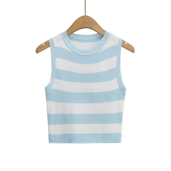 LYMAYTER Womens Knit Shirt Summer Crewneck Casual Tank Tops Female Striped Knit Tank S-L