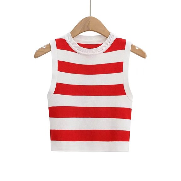 LYMAYTER Womens Knit Shirt Summer Crewneck Casual Tank Tops Female Striped Knit Tank S-L