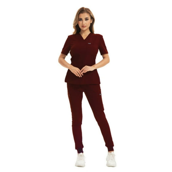 LYMAYTER Womens Nurse Uniform for XS-2XL Durable Medical Uniform Solid Color Short Sleeve 2-Piece Medical Workwear Set