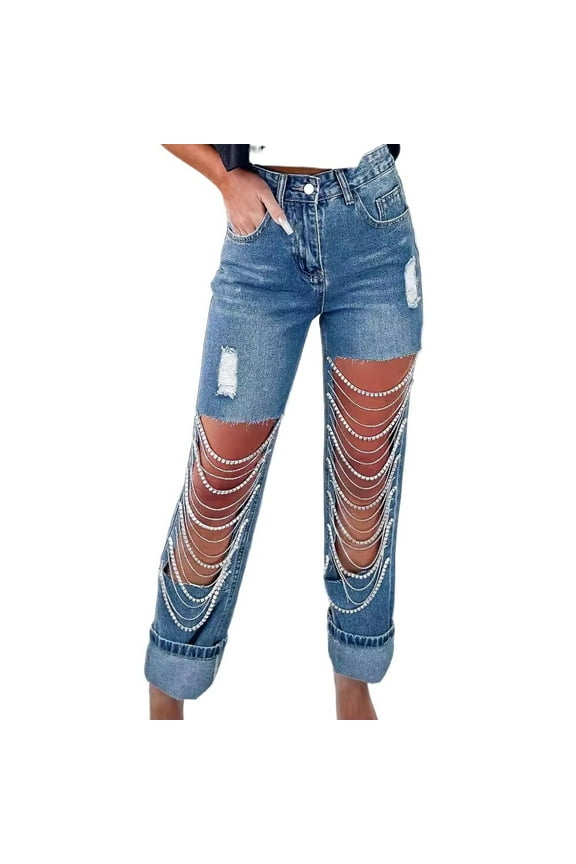 Womens Ripped Jeans High Waisted Rhinestones Chain Party Straight Trousers S-XL