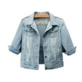 thumbnail image 1 of LYMAYTER Womens Short Denim Jacket Spring Fall Long Sleeves Jeans Jacket Female Lapel Washed Cowboy Outwear S-5XL Large Size, 1 of 10