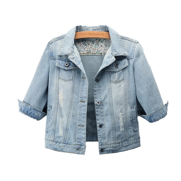 LYMAYTER Womens Short Denim Jacket Spring Fall Long Sleeves Jeans Jacket Female Lapel Washed Cowboy Outwear S-5XL Large Size