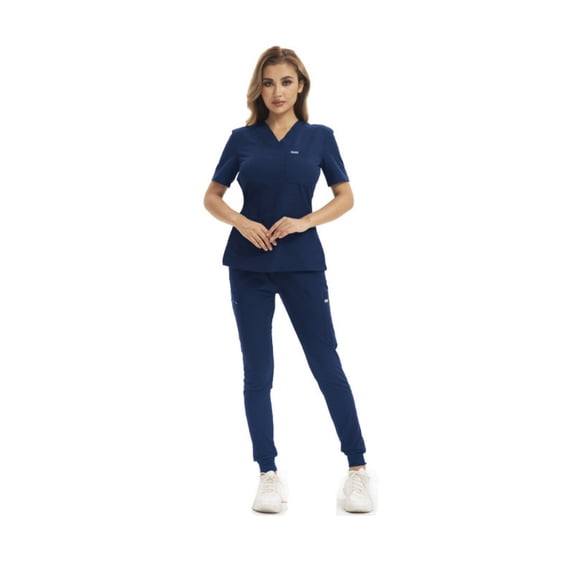 LYMAYTER Womens Solid Color Nurse Uniform Set V-Neck Multi-pocket Design Medical Uniform for XS-2XL