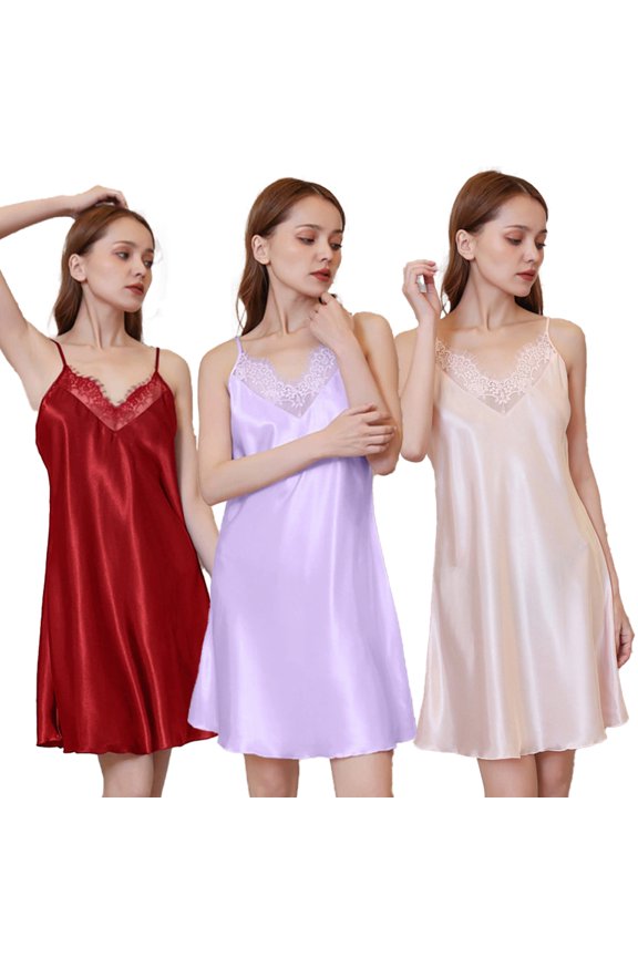 Womens Summer Nightgown V Neck Spaghetti Strap Short Robe Solid Color Lace Satin Sleepwear S-2XL