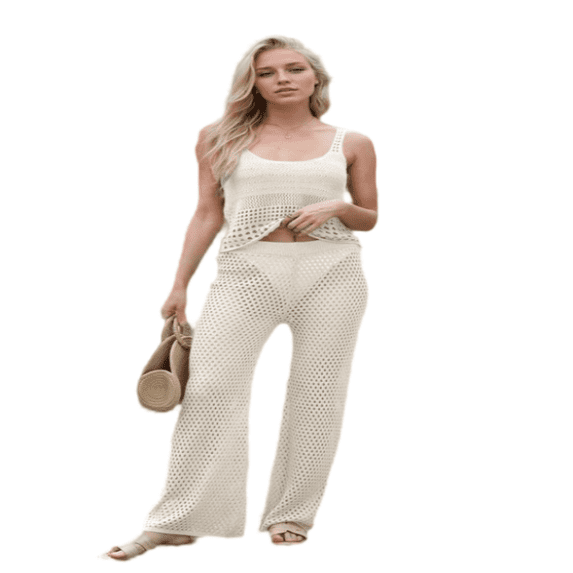 LYMAYTER Womens Swimsuit Cover-Up Set Crochet Sling Top & Lounge Pants Vacation Beach Set