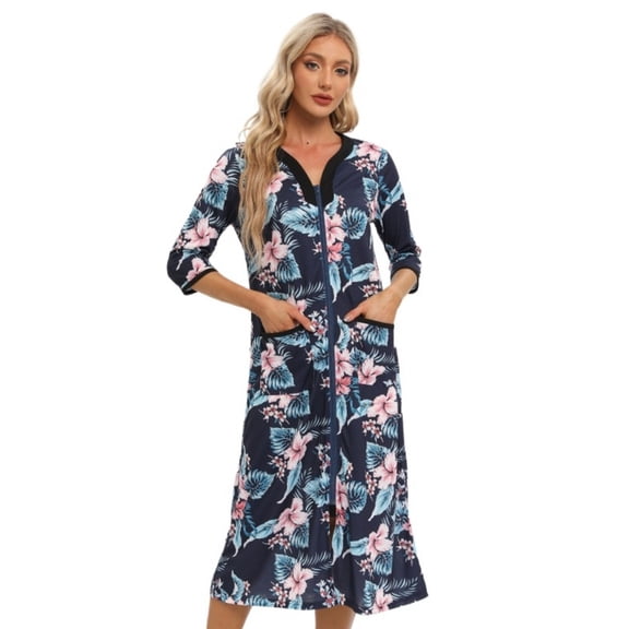 LYMAYTER Womens V-Neck Bathrobe Dress Female Solid Color Zipper Pajamas Spring Summer Printed Loungewear S-XXL