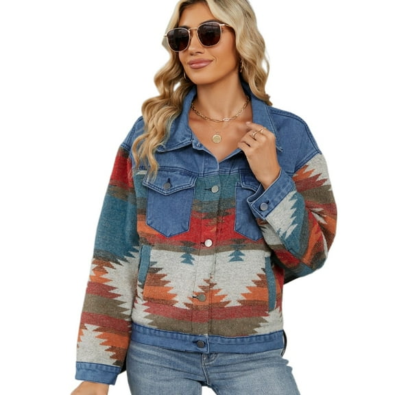 LYMAYTER Womens Washed Denim Jacket Colorblocking Casual Cowboy Outwear Spring Fall Long Sleeves Jeans Jacket S-XL