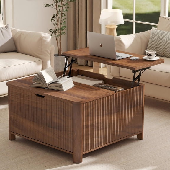 LYNCOHOME 31.5" Fluted Lift Top Coffee Table with Storage, Square Coffee Tables for Living Room, Coffee Table with Large Hidden Storage Compartment and Adjustable Shelves,Walnut