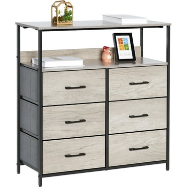 LYNCOHOME  6 Drawer Dresser for Bedroom , Chest of Drawers with Shelves, Veneer Greige