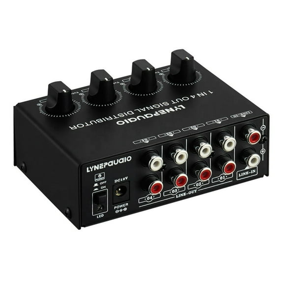 LYNEPAUAIO 1-in-4-out Stereo Audio Amp Signal Distributor 1 Channel Input 4 Channels Output RCA Interface Independent Adjustment for Home Speakers