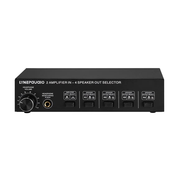 LYNEPAUAIO 2-In, 4-Out Speaker Selector Switch Box with 4-Zone Amplifier, Volume Control, Banana Jack, and 6.5mm Headphone Jack