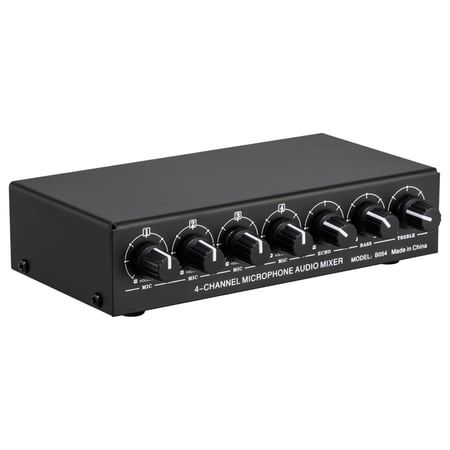 LYNEPAUAIO 4-Channel Professional Microphone Mixer - Compact Stereo Audio Mixer with Reverb, Treble & Bass Control, USB 5V Powered