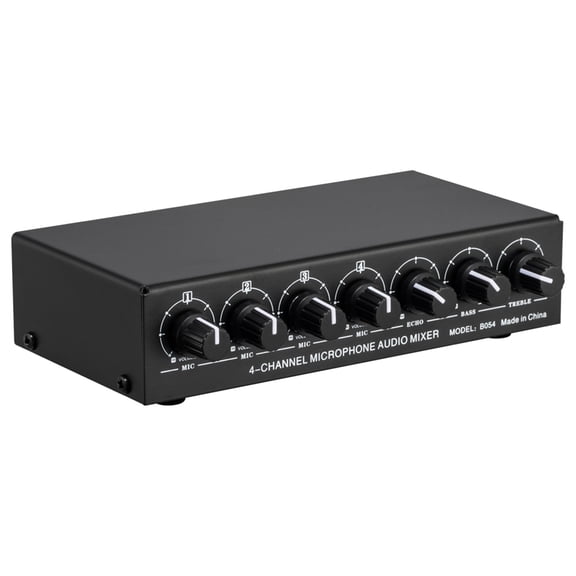 LYNEPAUAIO 4-Channel Professional Microphone Mixer - Compact Stereo Audio Mixer with Reverb, Treble & Bass Control, USB 5V Powered