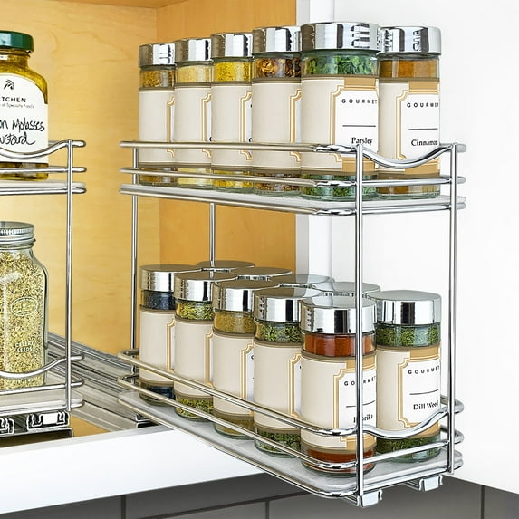 LYNK PROFESSIONAL 4-1/4" Wide Double Pull Out Spice Rack Organizer for Cabinet, Slide Out Shelf, Chrome