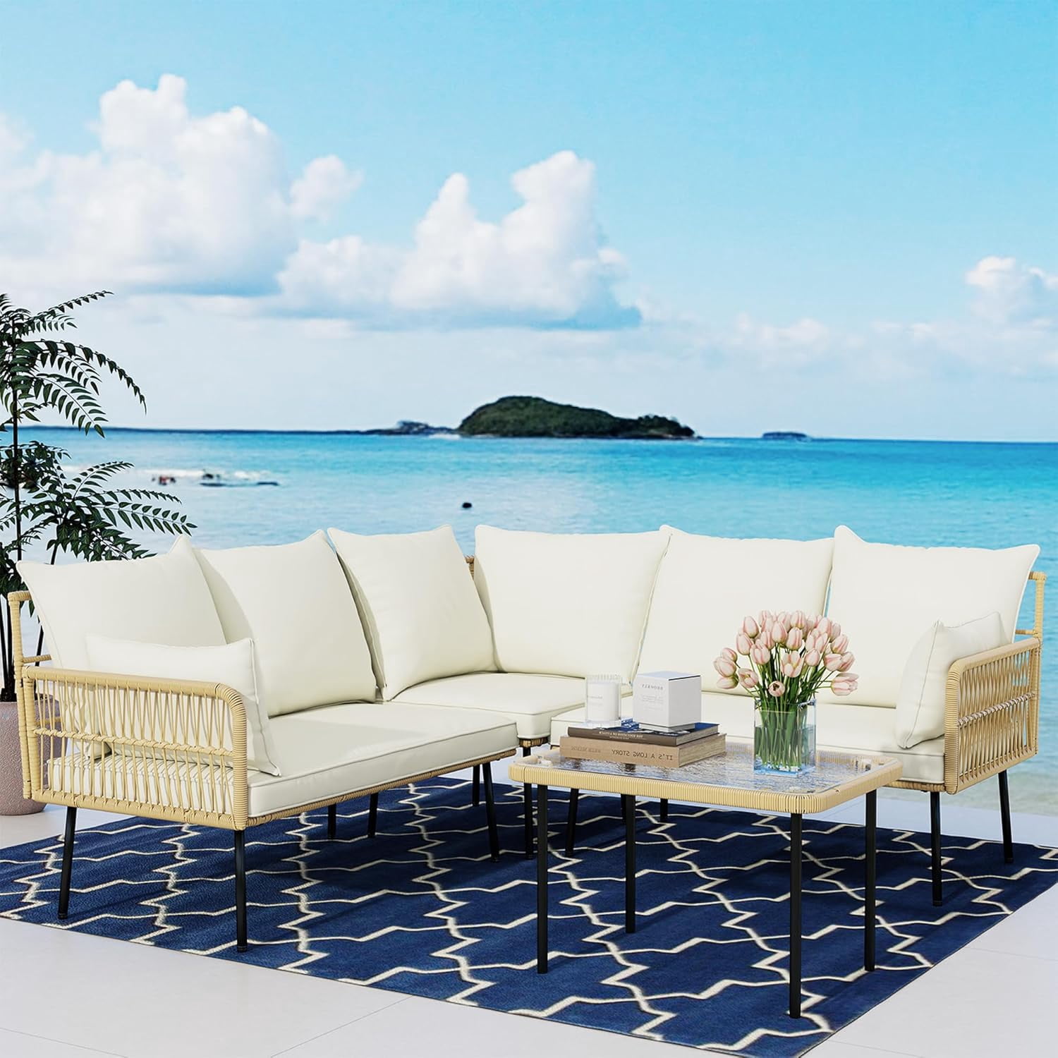 LYNSLIM 4-Piece Outdoor Patio Set - Boho Wicker Sectional With Cloud Cushions & Glass Table