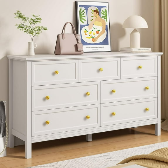 LYNSOM 7 Drawer White Dresser for Bedroom, 55" Wood Dresser with Gold Handles, Wide Modern Chest of Drawers for Hallway, Entryway